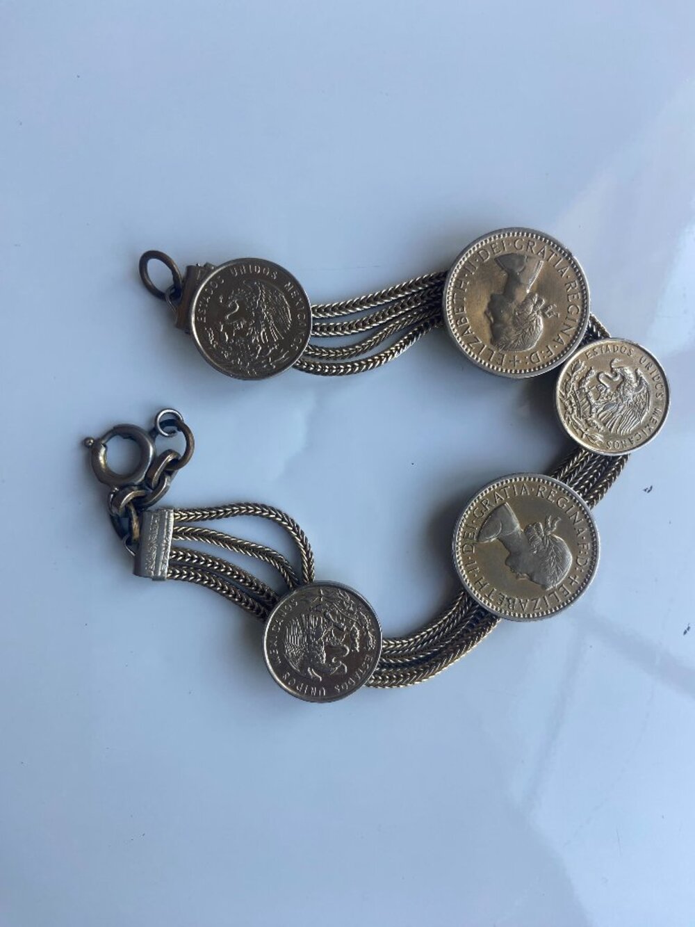 Vintage British & Mexican Coin Bracelet 1956 Queen Elizabeth II 5 Strand 7.5โ